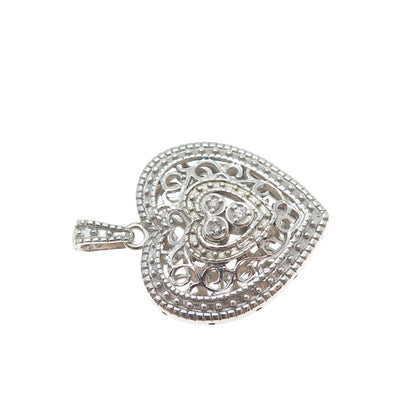 925 Sterling Silver Real Round-Cut Diamond Ornate Heart Charm Pendant