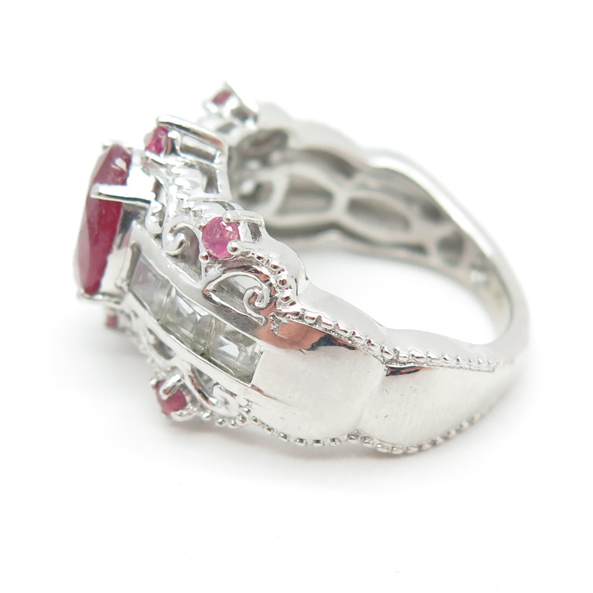 925 Sterling Silver Real Ruby & White Topaz Bohemian Ring Size 7