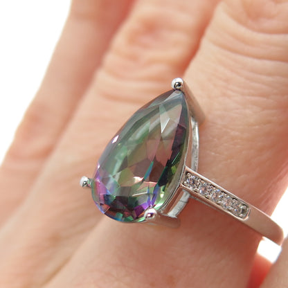 925 Sterling Silver Real Pear-Cut Mystic Quartz & Round-Cut C Z Ring Size 6.75