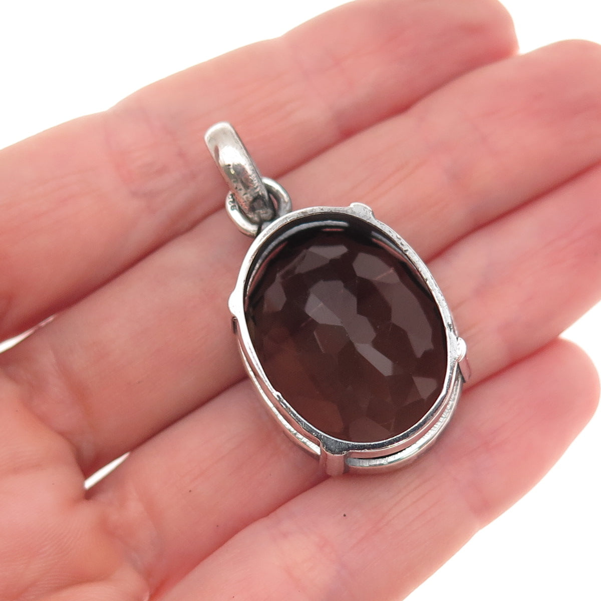 925 Sterling Silver Vintage Real Oval-Cut Smoky Quartz Charm Pendant