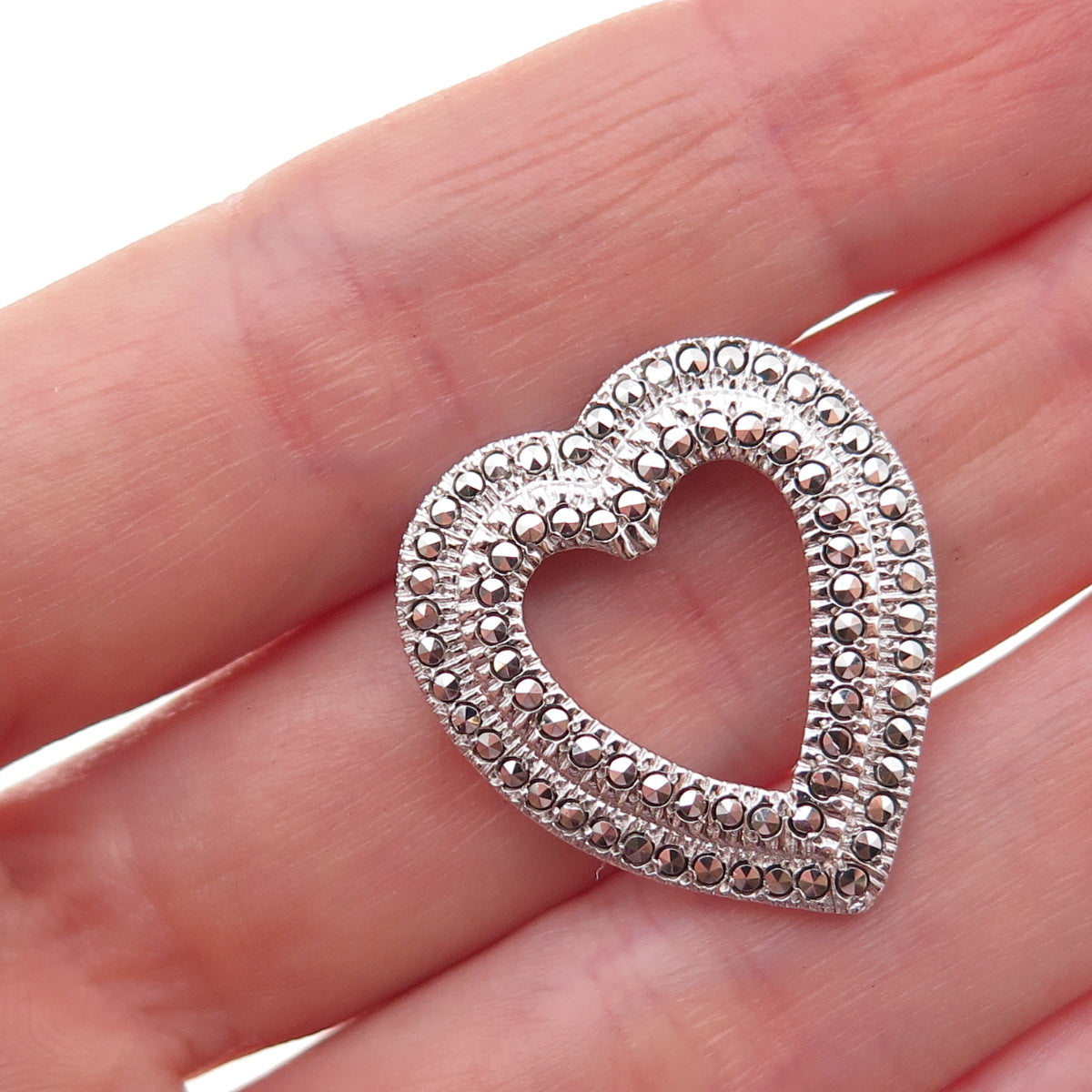 925 Sterling Silver Antique Art Deco Real Marcasite Heart Slide Charm Pendant