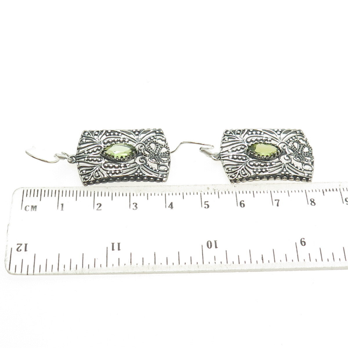 925 Sterling Silver Vintage Real Peridot Flower Oxidized Dangle Earrings