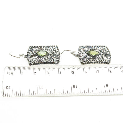 925 Sterling Silver Vintage Real Peridot Flower Oxidized Dangle Earrings