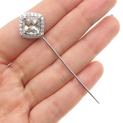 925 Sterling Silver Real Cushion-Cut Green Amethyst & C Z Lapel Pin