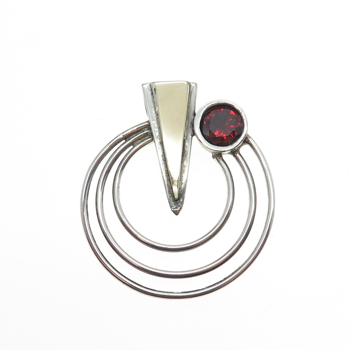 925 Sterling Silver 14K Gold Vintage Real Red Garnet Modernist Slide Pendant