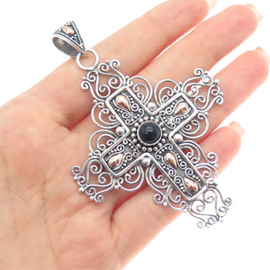 SUARTI BALI 925 Sterling Silver 18K Gold Vintage Real Black Onyx Cross Pendant