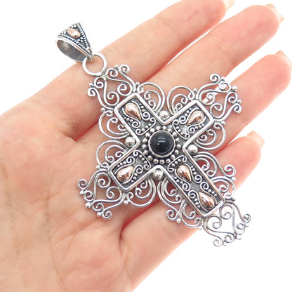 SUARTI BALI 925 Sterling Silver 18K Gold Vintage Real Black Onyx Cross Pendant