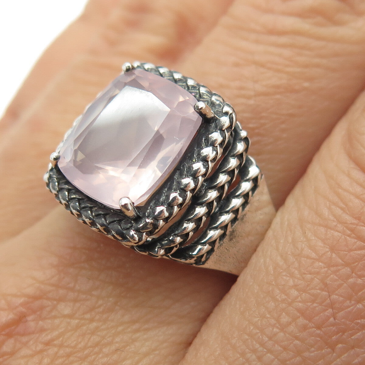 MICHELLE ALBALA 925 Sterling Silver Vintage Rose Quartz Wicker Ring Size 10