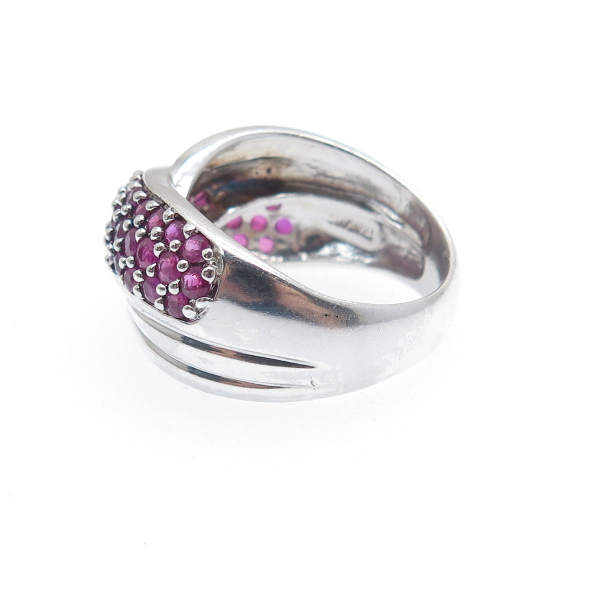 925 Sterling Silver Real Round-Cut Ruby Crisscross Ring Size 8.25