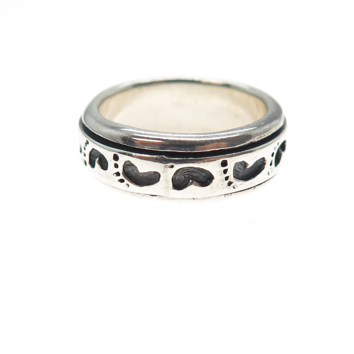 925 Sterling Silver Vintage Baby Footprint Rotating Band Oxidized Ring Size 7