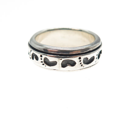 925 Sterling Silver Vintage Baby Footprint Rotating Band Oxidized Ring Size 7