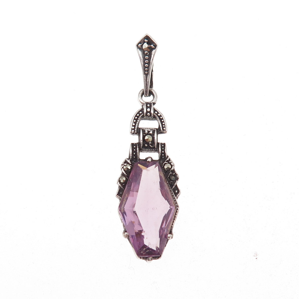 925 Sterling Silver Antique Art Deco Real Amethyst & Marcasite Charm Pendant