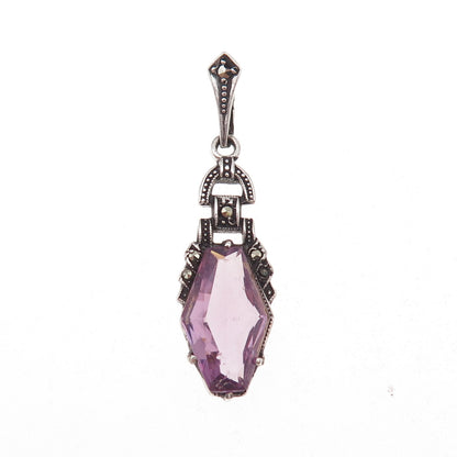 925 Sterling Silver Antique Art Deco Real Amethyst & Marcasite Charm Pendant