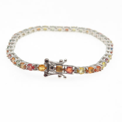 925 Sterling Silver Real Oval-Cut Multi-Color Sapphire Link Bracelet 7"