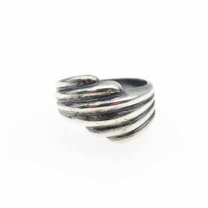 925 Sterling Silver Vintage Modernist Ribbed Bypass Oxidized Ring Size 7