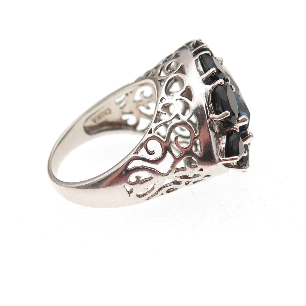 925 Sterling Silver Real London Blue Topaz & Black Spinel Ring Size 6