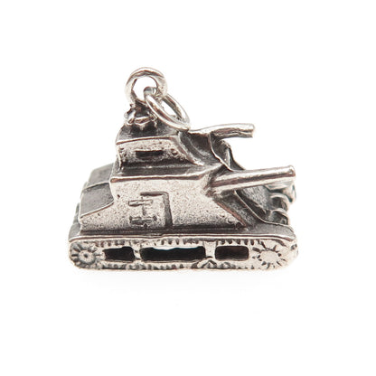 925 Sterling Silver Vintage Army Tank Oxidized 3D Mini Charm Pendant