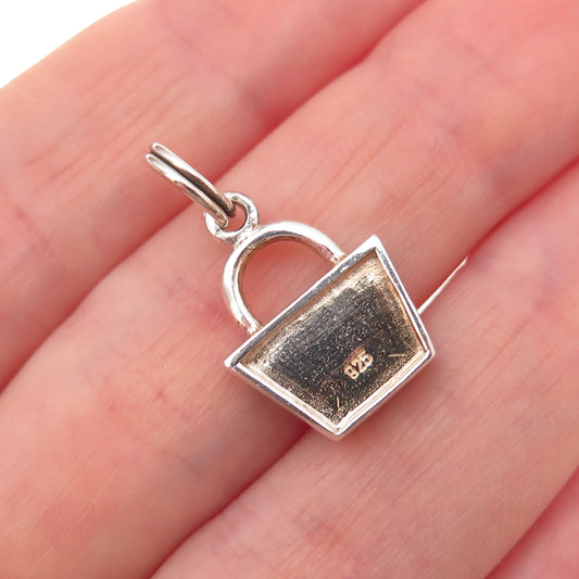 925 Sterling Silver Vintage Enamel Real Marcasite Ladies Tote Bag Charm Pendant