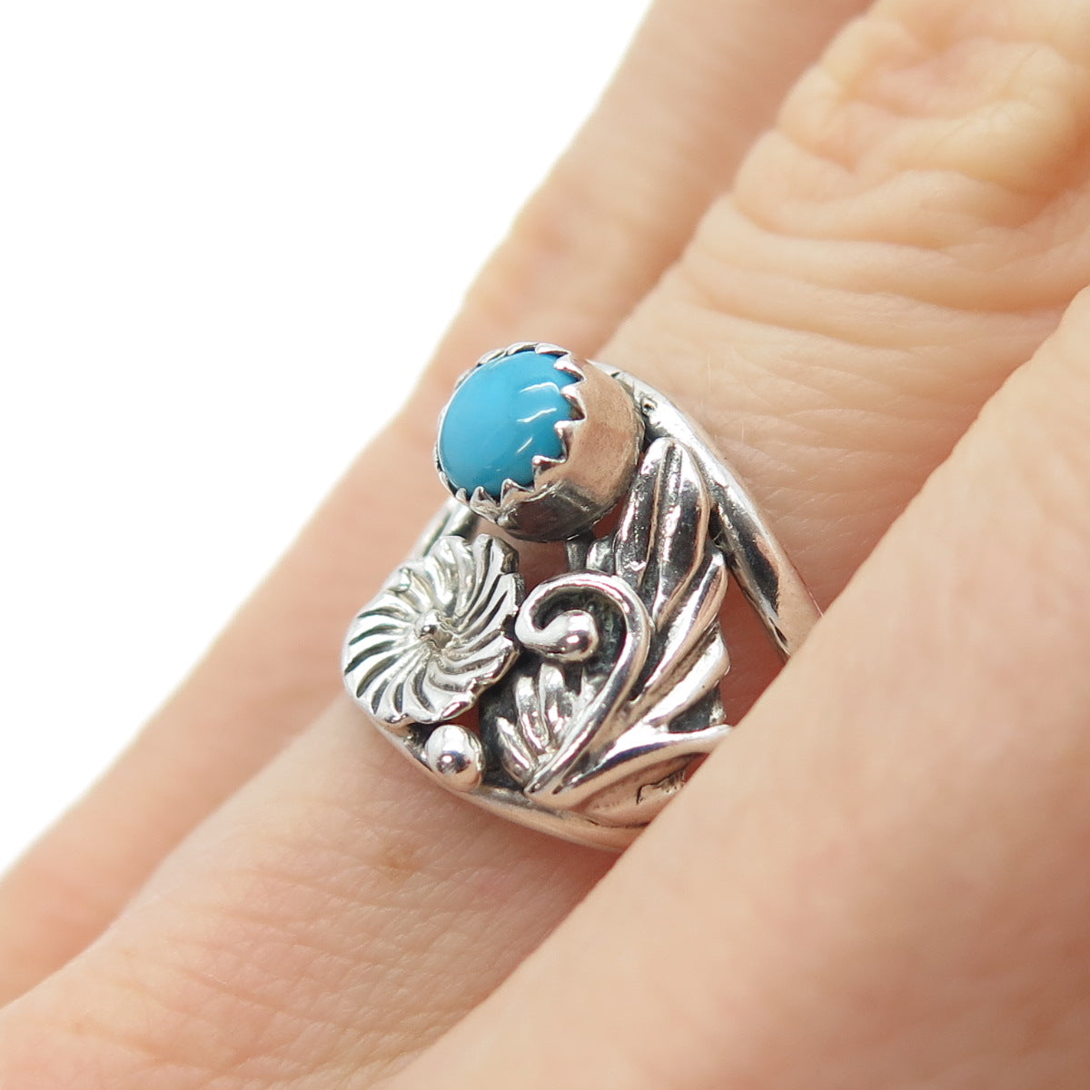 First American Traders Gallup Old Pawn Sterling Turquoise Flower Ring Size 6.25