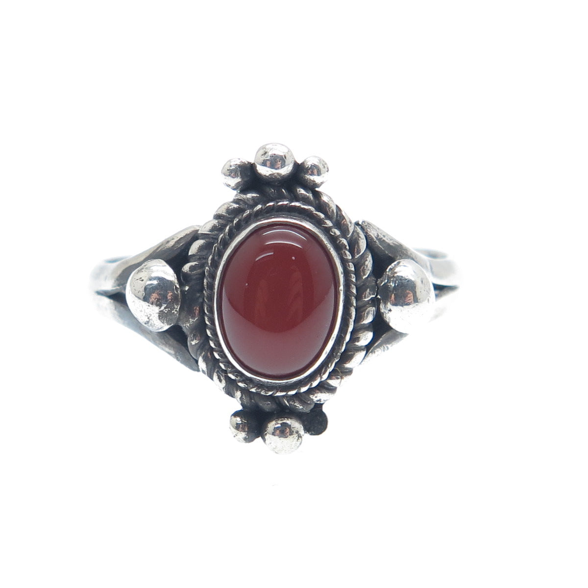 925 Sterling Silver Vintage Real Carnelian Beaded Oxidized Ring Size 7.25