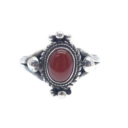 925 Sterling Silver Vintage Real Carnelian Beaded Oxidized Ring Size 7.25