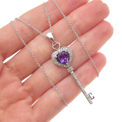 Jane Seymour 925 Sterling Real Diamond & Amethyst Heart Key Chain Necklace 18"