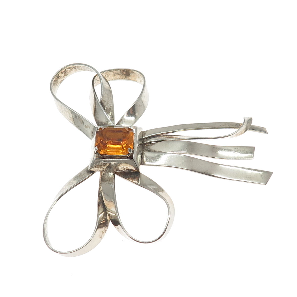 925 Sterling Silver Antique Art Deco Real Citrine Bow Pin Brooch