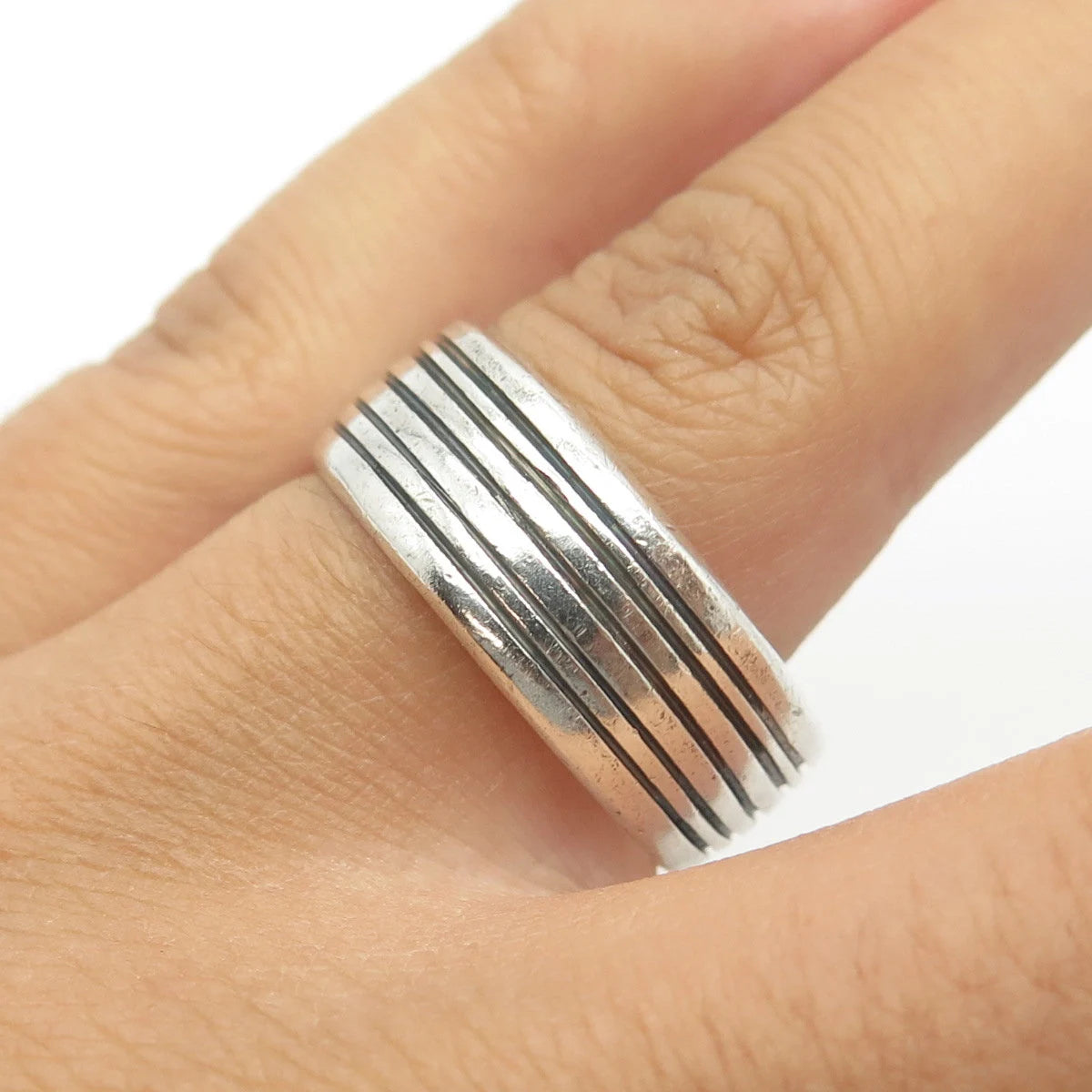 925 Sterling Silver Vintage Striped Band Ring Size 11.25