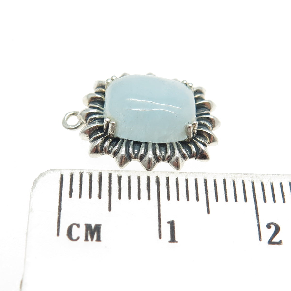 925 Sterling Silver Vintage Real Milky Aquamarine Gem Ribbed Pendant