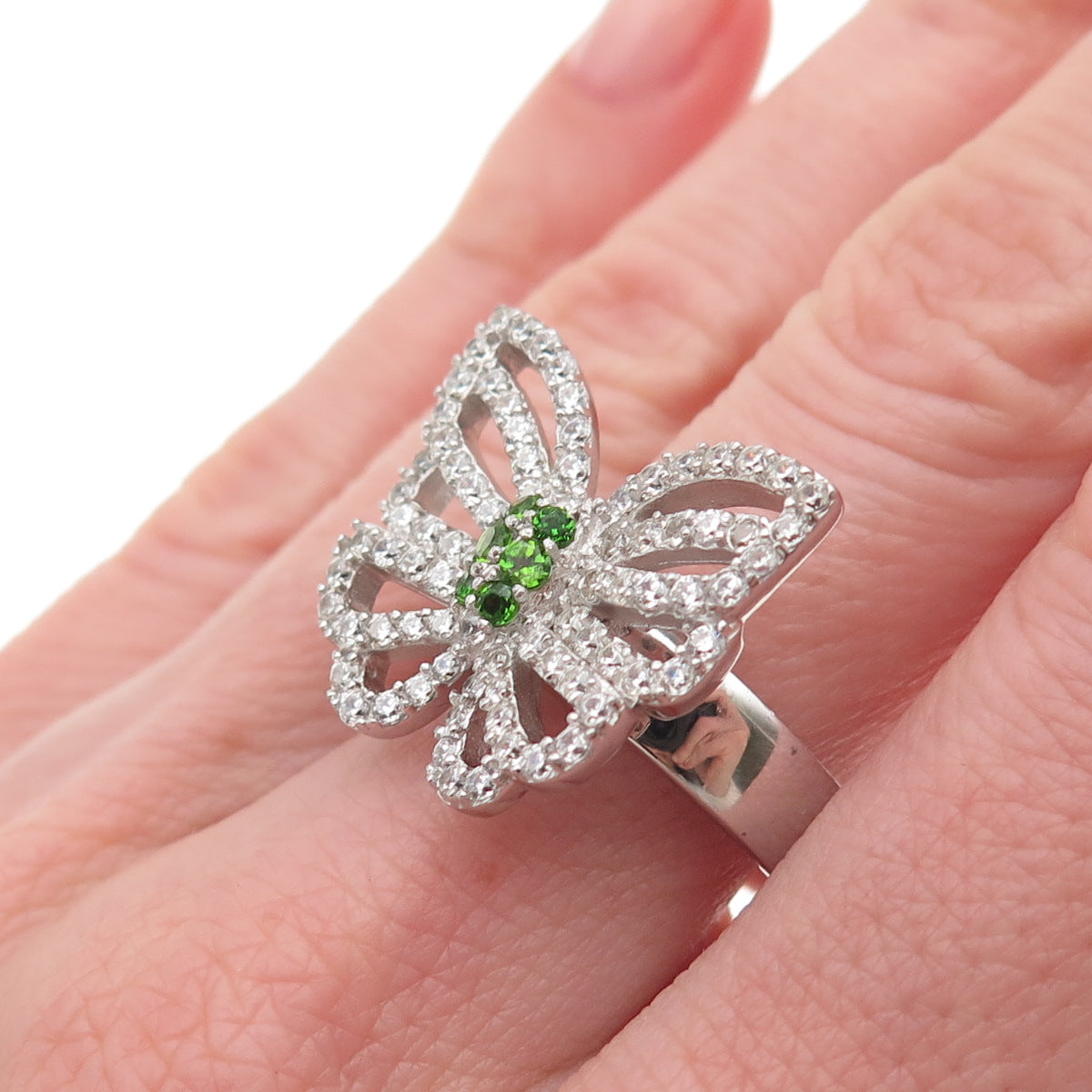 925 Sterling Silver Round-Cut Green & White C Z Butterfly Ring Size 8