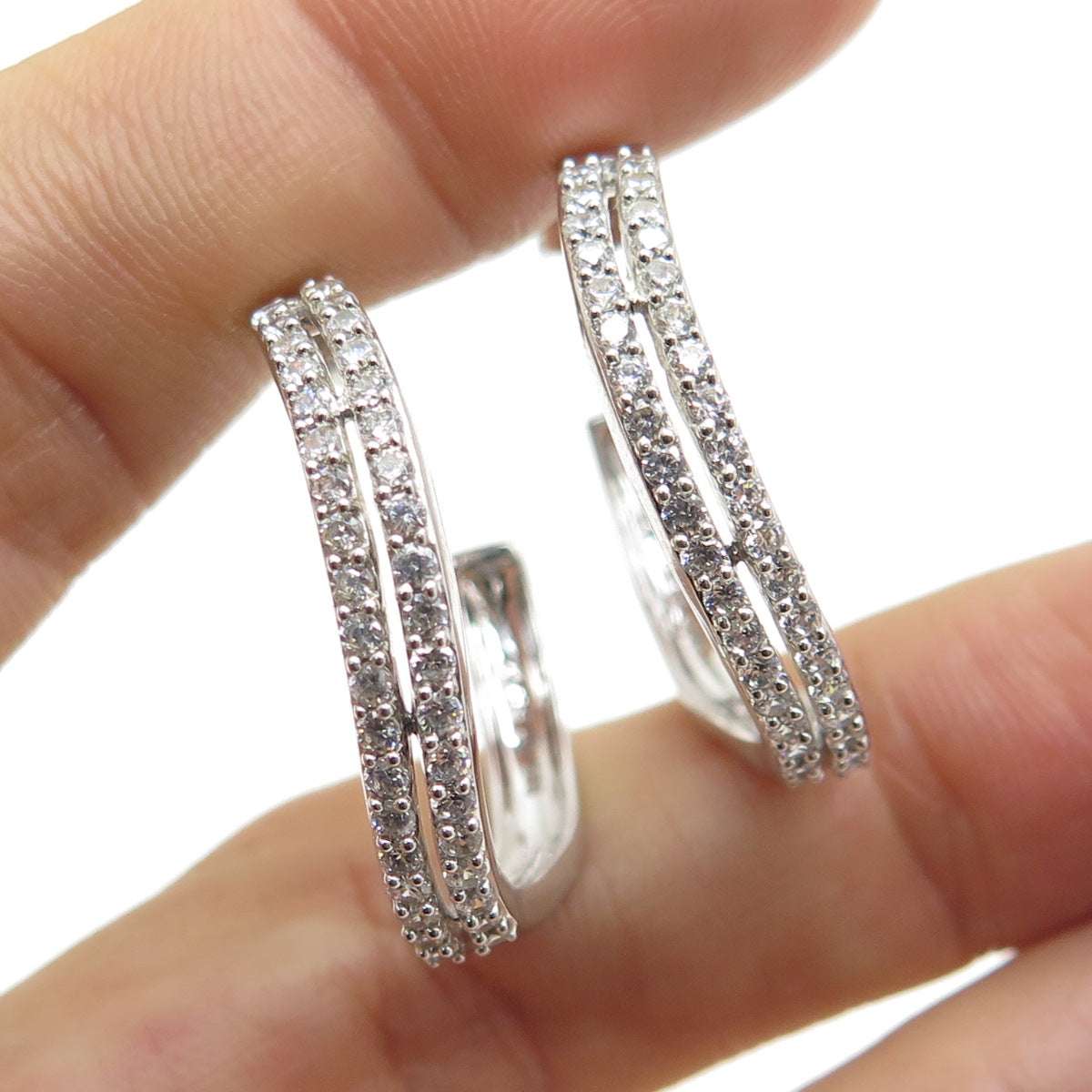 925 Sterling Silver Round-Cut C Z Wavy Hoop Earrings