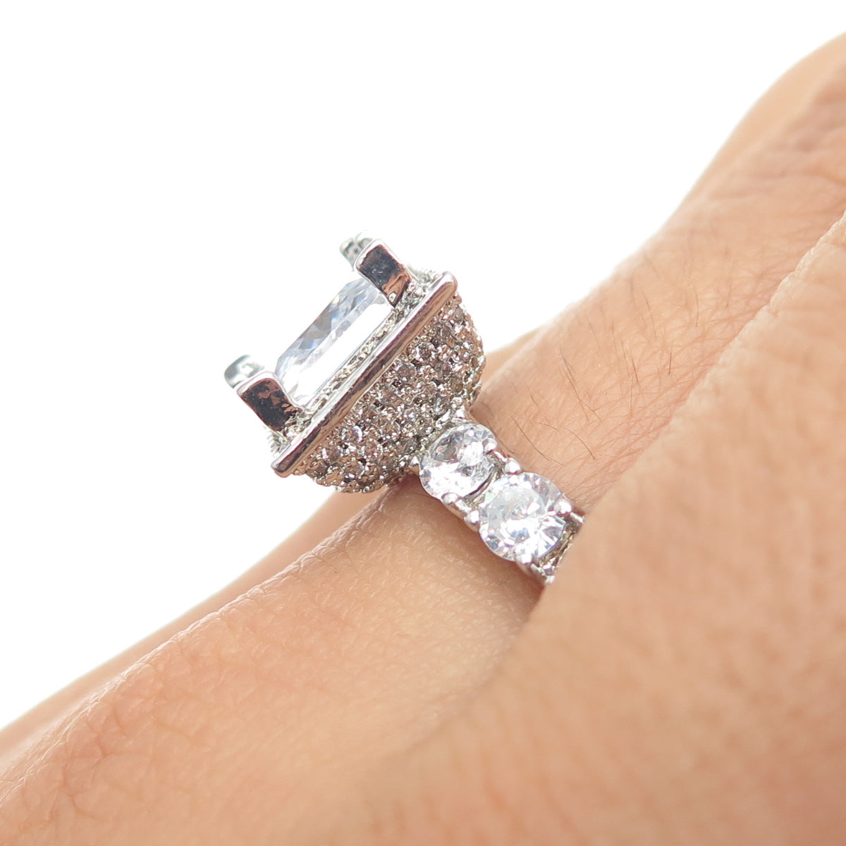 925 Sterling Silver Princess & Round-Cut C Z Engagement Ring Size 6.25