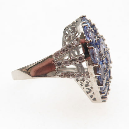 D'Joy 925 Sterling Silver Real Tanzanite & White Topaz Heart Cluster Ring Size 8