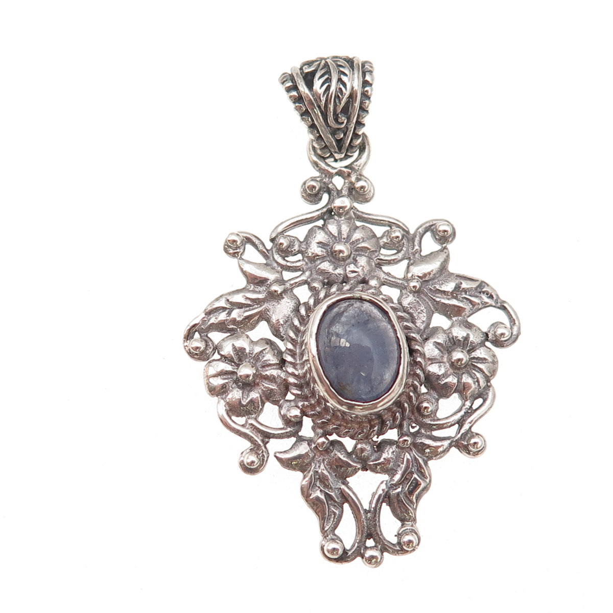 925 Sterling Silver Vintage Real Tanzanite Floral Oxidized Charm Pendant