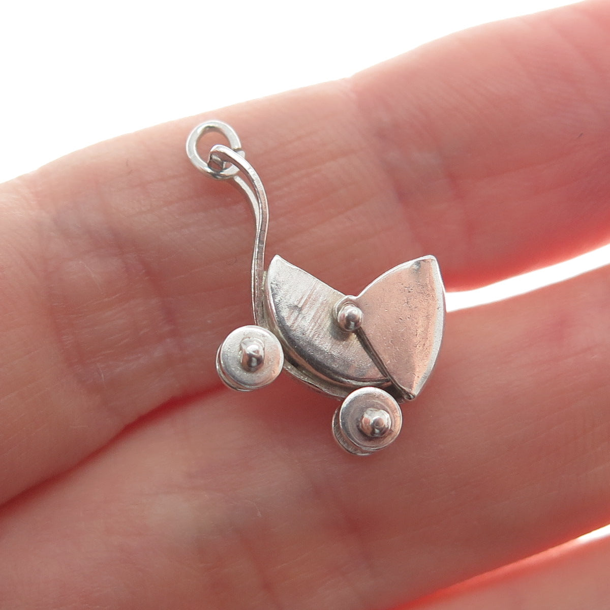 925 Sterling Silver Antique Art Deco Baby Stroller Minimalist 3D Charm Pendant