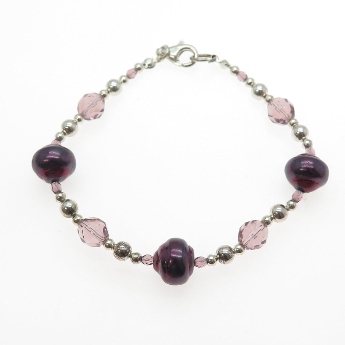 925 Sterling Silver Vintage Real Baroque Pearl & Crystal Beaded Bracelet 7.25"