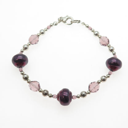 925 Sterling Silver Vintage Real Baroque Pearl & Crystal Beaded Bracelet 7.25"