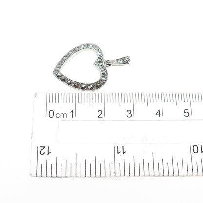 THEDA 925 Sterling Silver Antique Art Deco Real Marcasite Heart Charm Pendant