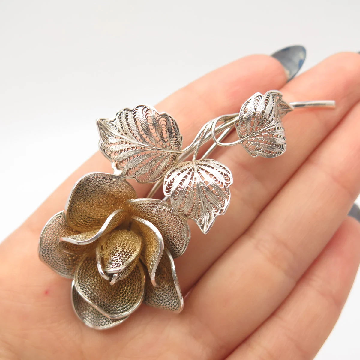 900 Coin Silver Vintage Rose Floral Filigree Pin Brooch