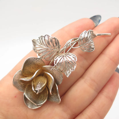 900 Coin Silver Vintage Rose Floral Filigree Pin Brooch
