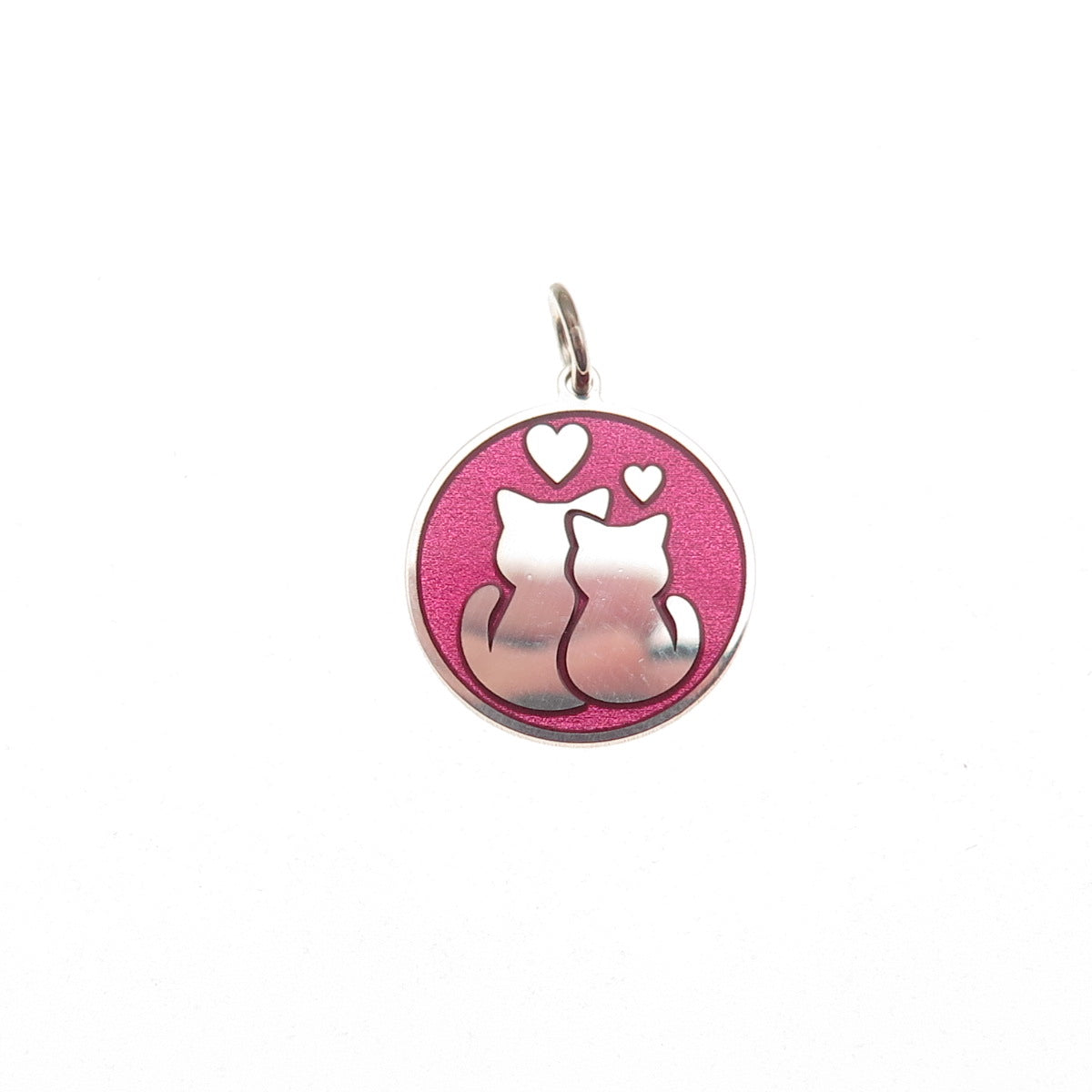 925 Sterling Silver Pink Enamel Cat Couple Round Tag Mini Charm Pendant