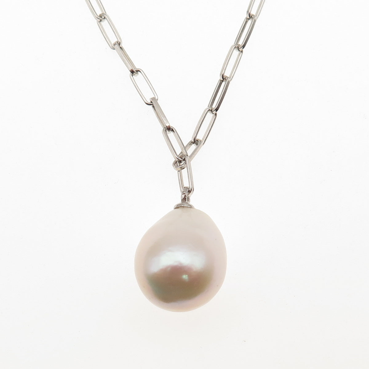 925 Sterling Silver Italy Real Pearl Paperclip Chain Necklace 22"