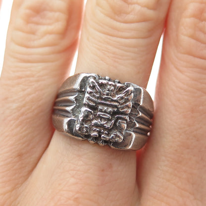 925 Sterling Silver Vintage Mayan Tribal Oxidized Ring Size 8.25