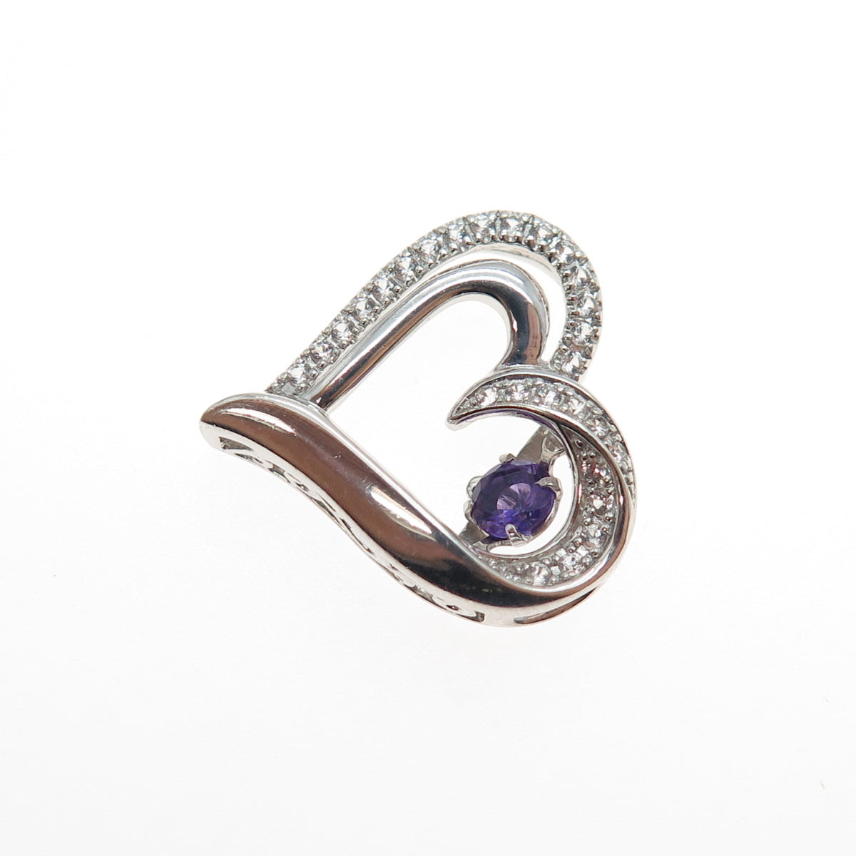 925 Sterling Silver Real Round-Cut Amethyst White Topaz Heart Mini Slide Pendant