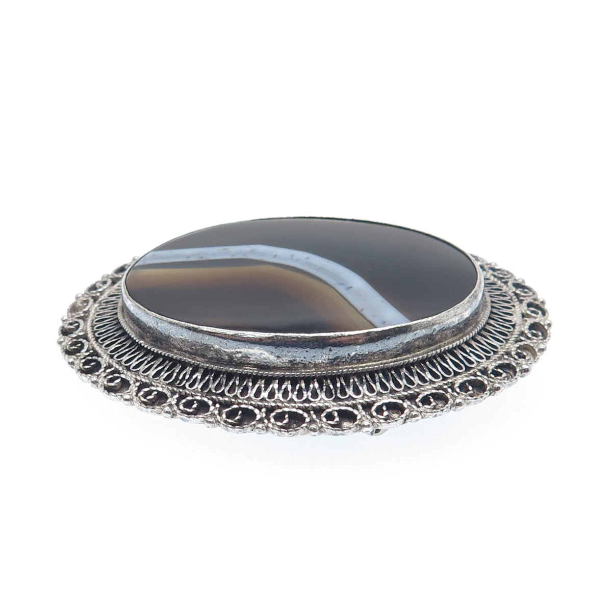 BETHLEHEM H. J. A. 935 Silver Vintage Real Agate Filigree Oxidized Pin Brooch