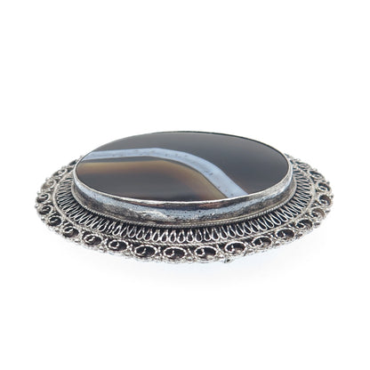 BETHLEHEM H. J. A. 935 Silver Vintage Real Agate Filigree Oxidized Pin Brooch