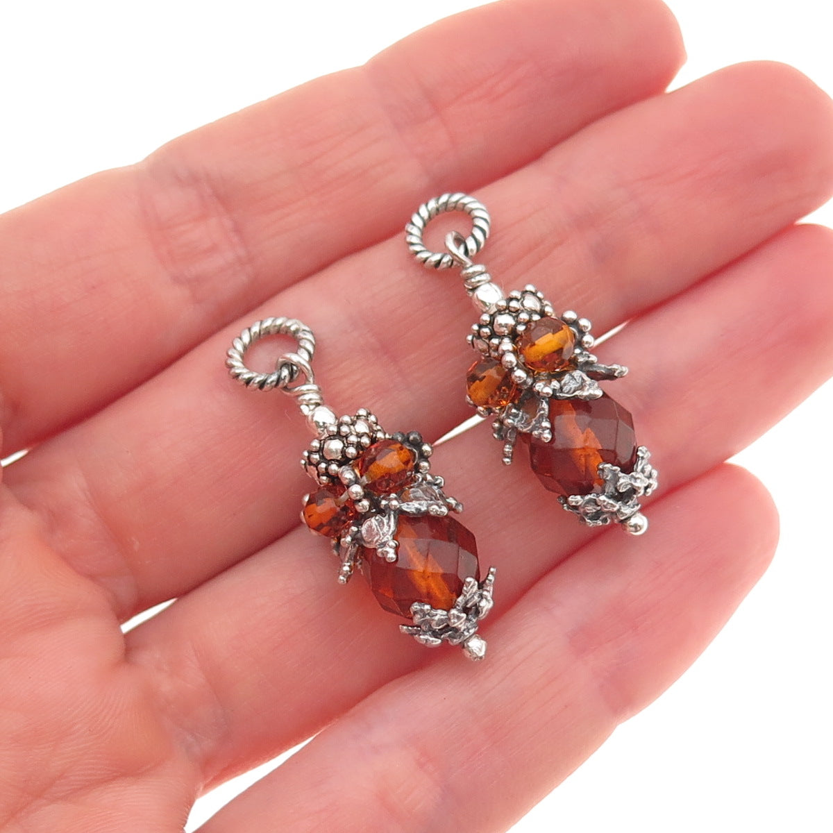 925 Sterling Silver Vintage Real Amber Granulated Jacket Earrings