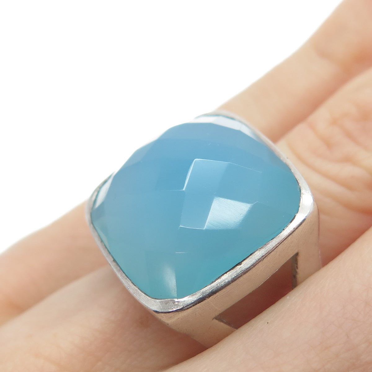 925 Sterling Silver Vintage Real Cushion-Cut Blue Chalcedony Ring Size 6.25