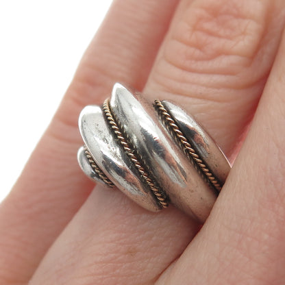 14K Yellow Gold & 925 Sterling Silver Vintage Modernist Oxidized Ring Size 6