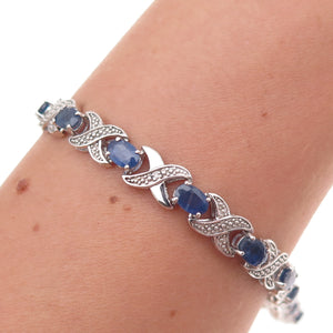 925 Sterling Silver Real Diamond & Sapphire X-Link Bracelet 7.25"